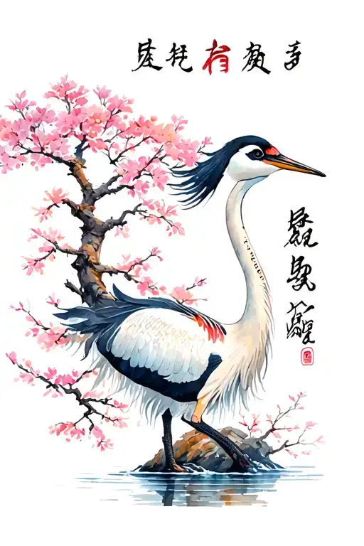 Masculine japanese tattoo with crane  standing in water with  a beautiful strong cherry blossom tree  tattoo design idea