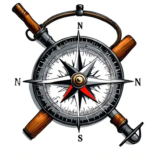 compass with fly fishing rod and brown trout tattoo design idea