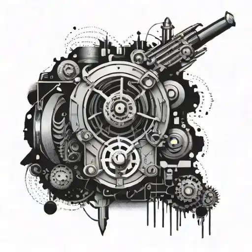 An abstract design combining elements of alternative music and machines, with a hint of dotwork style tattoo design idea