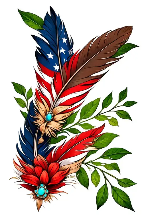feathers, american flag, green leaves, turquoise jewelry, western flowers, scrolled leather tattoo design idea