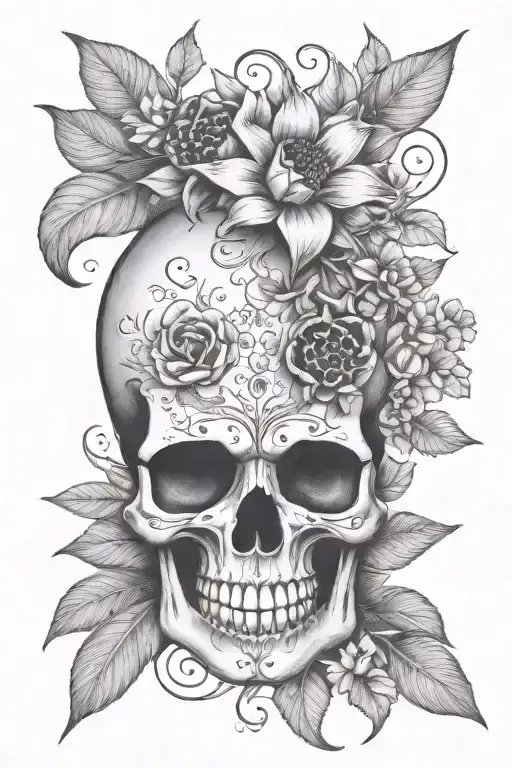 pomegranate skull and floral tattoo design idea