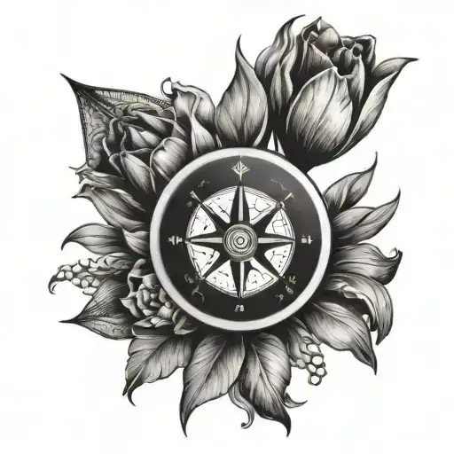heart shaped compass and tulips tattoo design idea