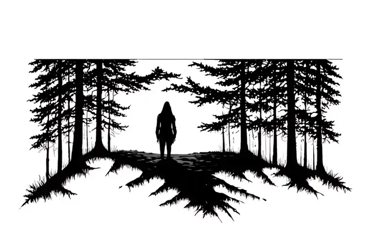 a lonely shadow in dark forest tattoo design idea