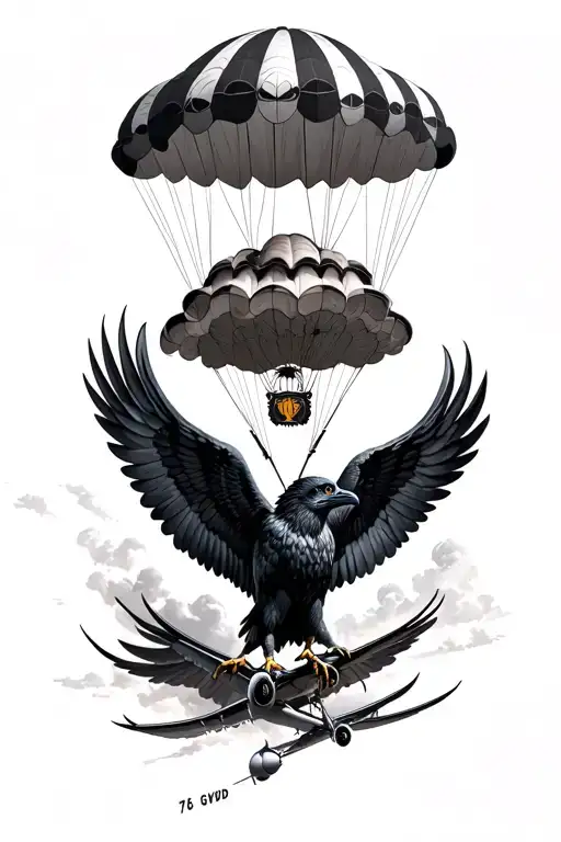 "76 GVDD 104/1/3" Parachute, a plane, raven with sgious wings tattoo design idea