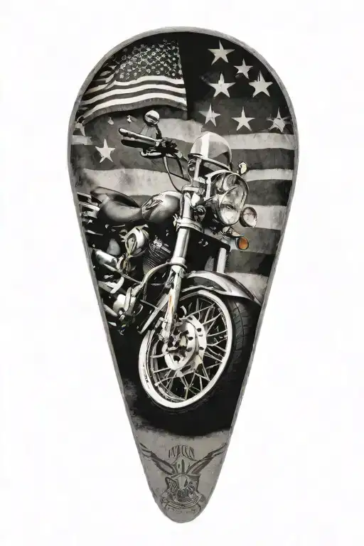 A black and grey tattoo of a Harley Davidson logo with a subtle American flag background, showcasing the client's affinity for motorcycles and patriotism tattoo design idea