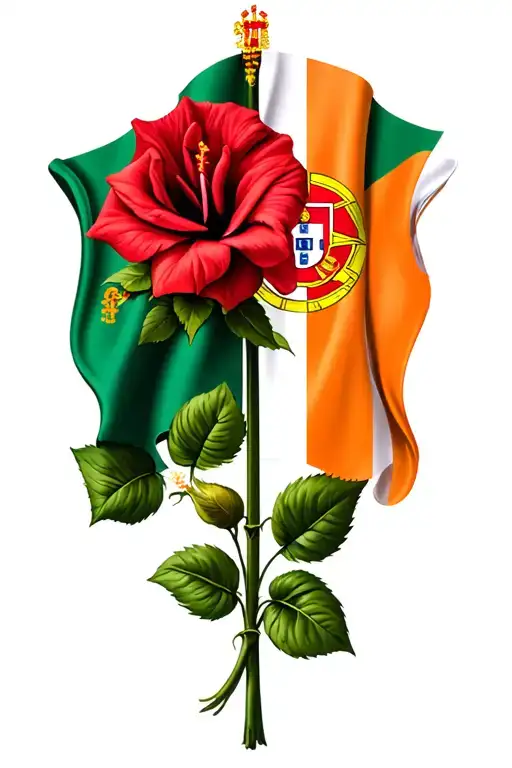 Irish and Portuguese flags intertwined roses mayflowers hibiscus tattoo design idea