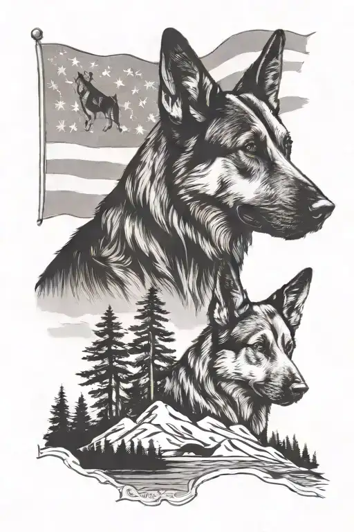 German shepherd American flag mountain scene saying "diabetes" tattoo design idea