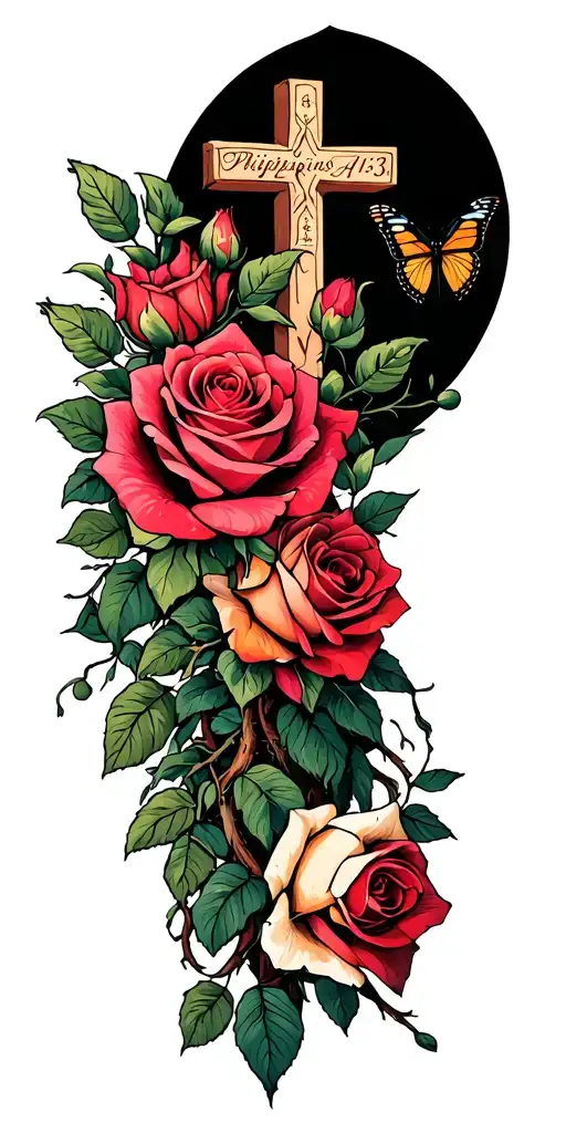 roses blooming , roots , butterflies, a cross , and philippians 4:13 tattoo design idea