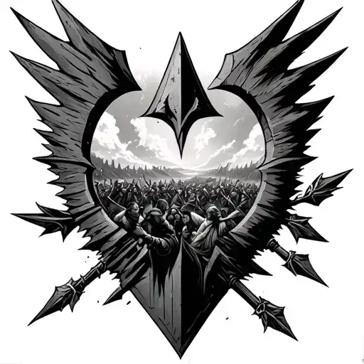 Design me an arrowhead with a battle scene happening inside of the arrow as a reflection tattoo design idea