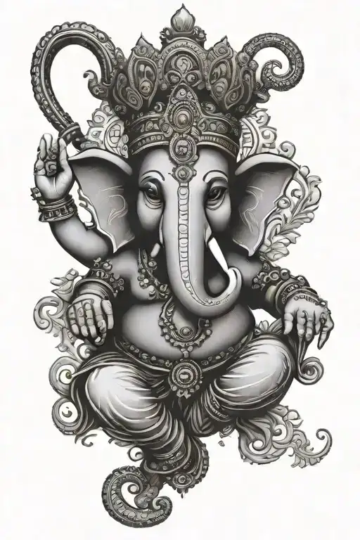 Ganesh with a bhagvad gita phrase as crown surrounded tattoo design idea