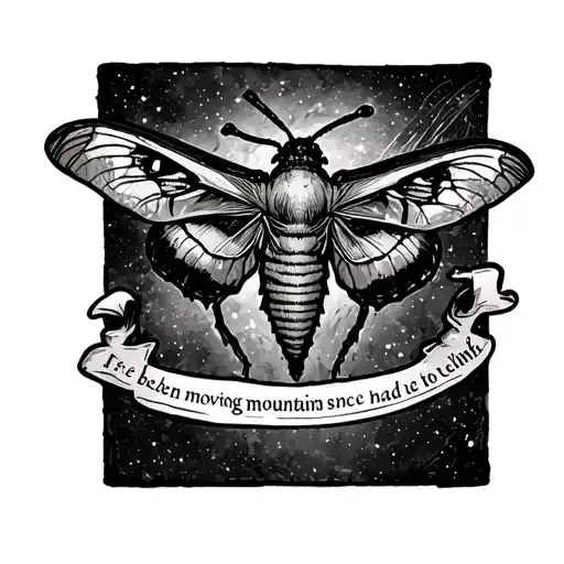 Design me a male leg tattoo sleeve including a death moth, the words “I’ve been moving mountains I once had to climb”, a tattoo design idea