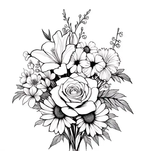 Black and white bouquet, with the flowers, rose, Lilly of the valley, Gladiolus, marigold, carnation, chrysanthemum, vio tattoo design idea