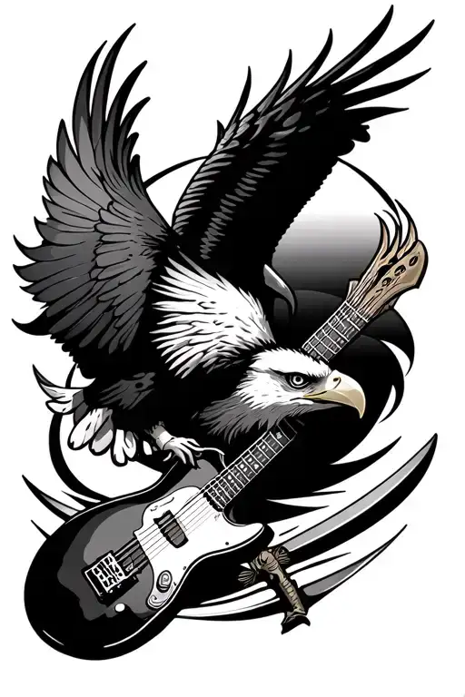 tribal  tattoo with eagle, guitar, kitesurf, blade and squale tattoo design idea