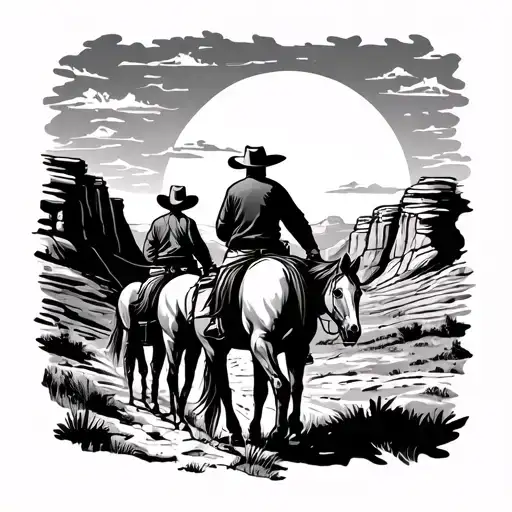 backview of horse and cowboy riding horses into a canyon with the sunset in background. with cowboy leading the horse tattoo design idea