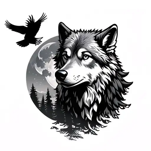 wolf head with an eagle soaring with trees moon in background  tattoo design idea