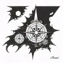 Create a design for a compass rose tattoo inspired by the work of Hans Ruedi Giger. tattoo design idea
