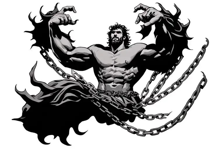 Samson breaking free from chains tattoo design idea
