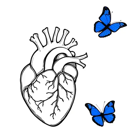 Anatomical heart 3 - 4cm fine line and blue butterfly flying next to the anatomical heart tattoo design idea