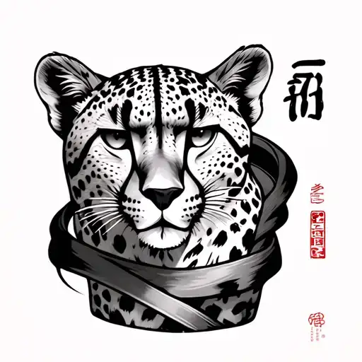 The text 心臓を捧げよ with a cheetah in a somewhat japanese draogn style wrapping around it with good anatomy so no weird snak tattoo design idea