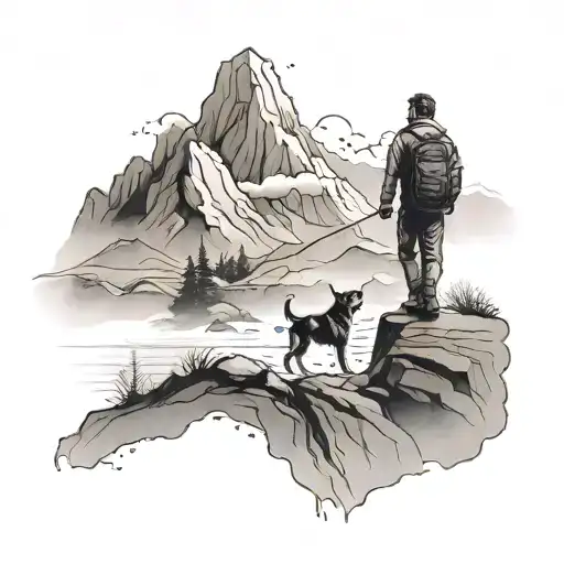 foggy mountains. winding river running. man standing with a dog.  tattoo design idea