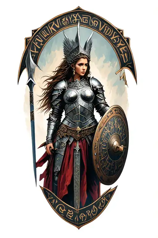 The Valkyrie in Armor tattoo sleeve is an epic warrior with a spear and shield, surrounded by runic ornamentation. Add a tattoo design idea
