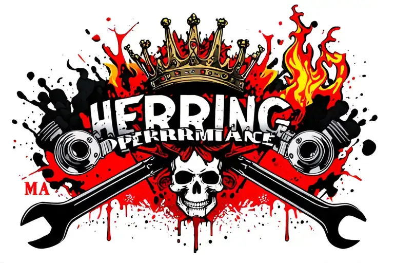 "HERRING PERFORMANCE" skull, fire, pistons, wrench, smoke, crown, turbo, dapper tattoo design idea