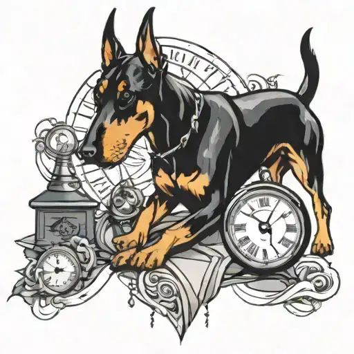a large broken clock and a Doberman in the foreground tattoo design idea