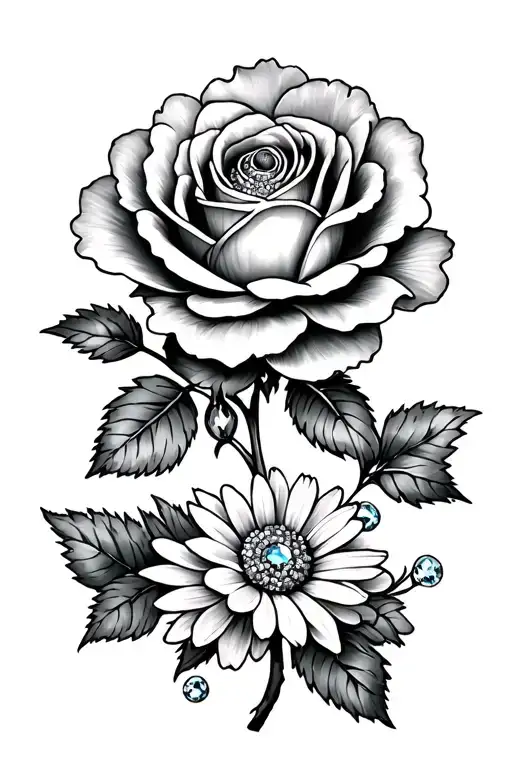 dog rose flower with waterlillys and daisies rubys, diamonds, opal tattoo design idea
