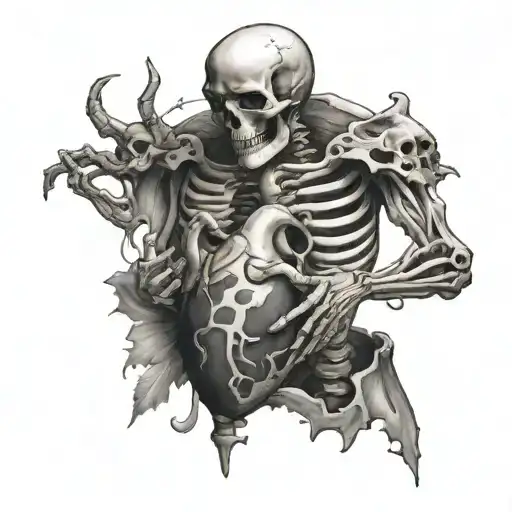Skelton holding mountain with heart in its chest  tattoo design idea