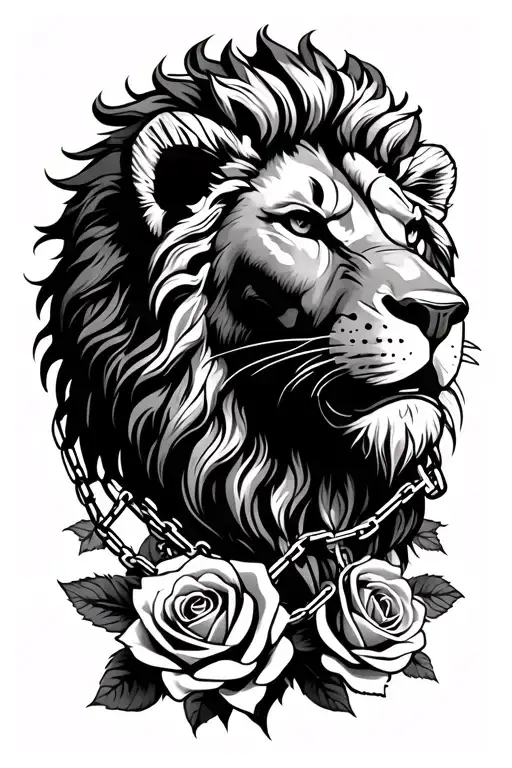 lion head with chain-link and anchor surrounded by roses tattoo design idea