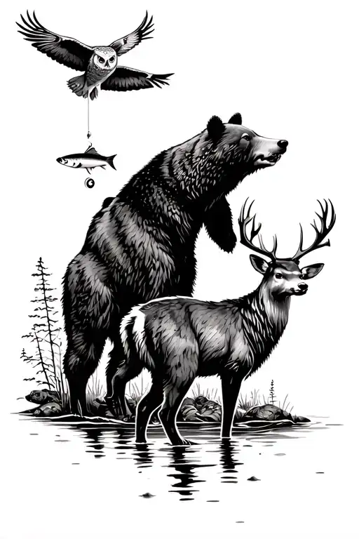 A deer standing, a bear fishing for salmon and an owl flying over head tattoo design idea