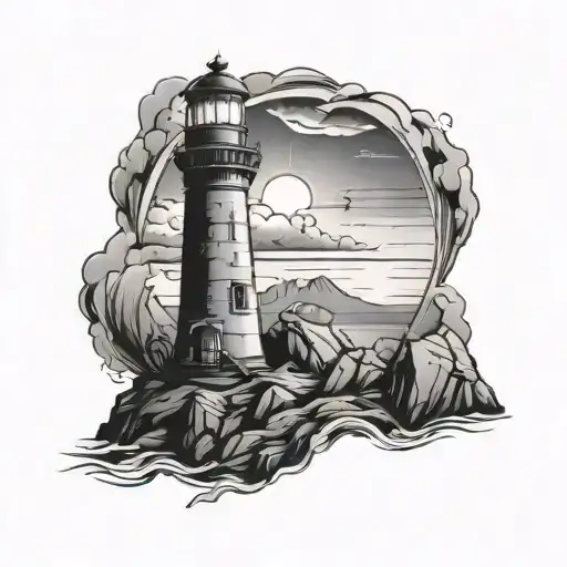 lighthouse with anchor and rocks and light shining like a halo  tattoo design idea