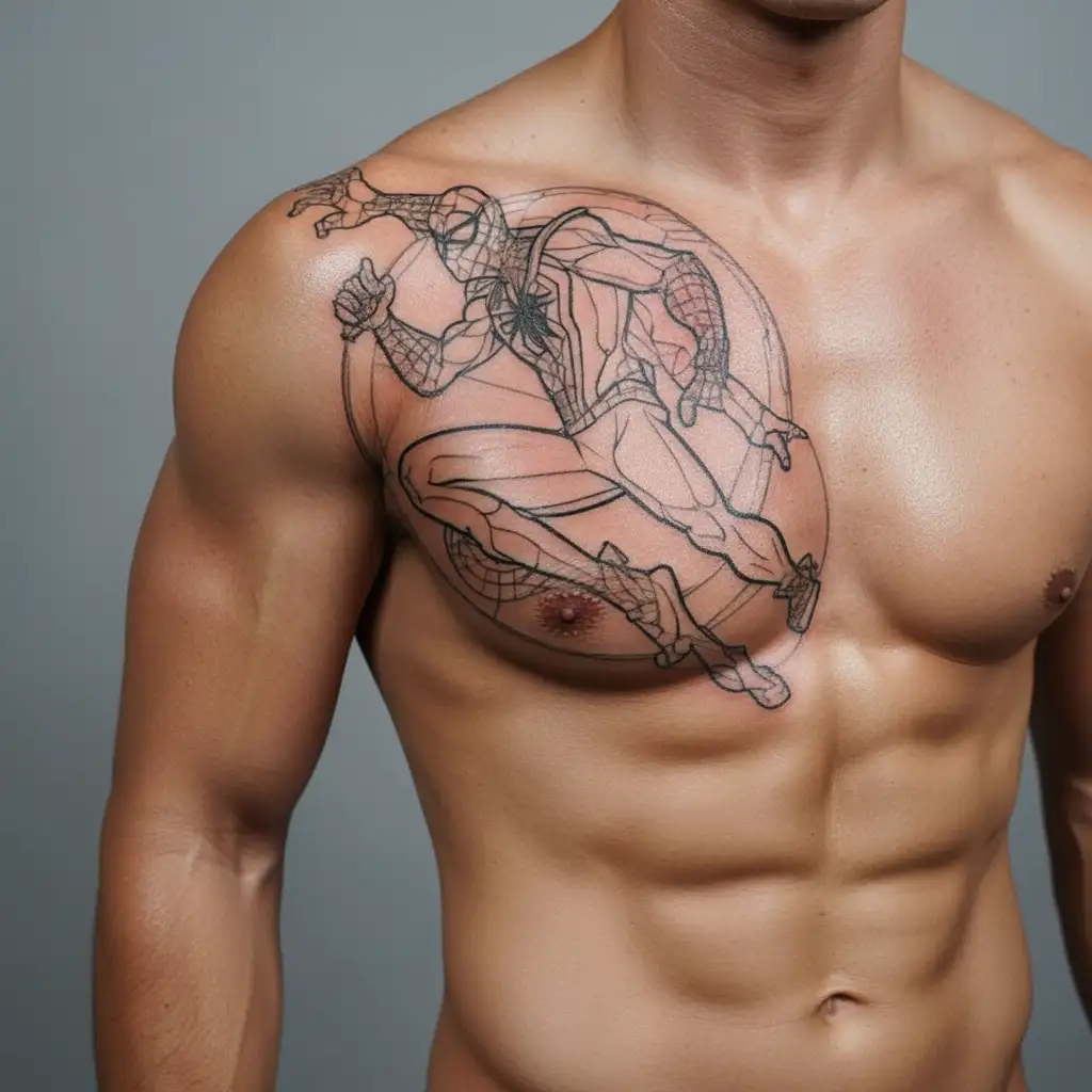 A sketch style tattoo of your boyfriend dancing with a plush spiderman toy tattoo design idea