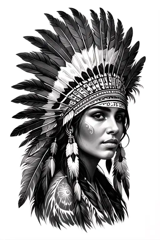 realistic native woman wearing feather headdress showing entire headdress and half of face tattoo design idea