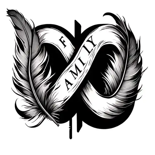 Infinity symbol with feather in middle and word family in left side and a heard on right side minimalistic tattoo tattoo design idea