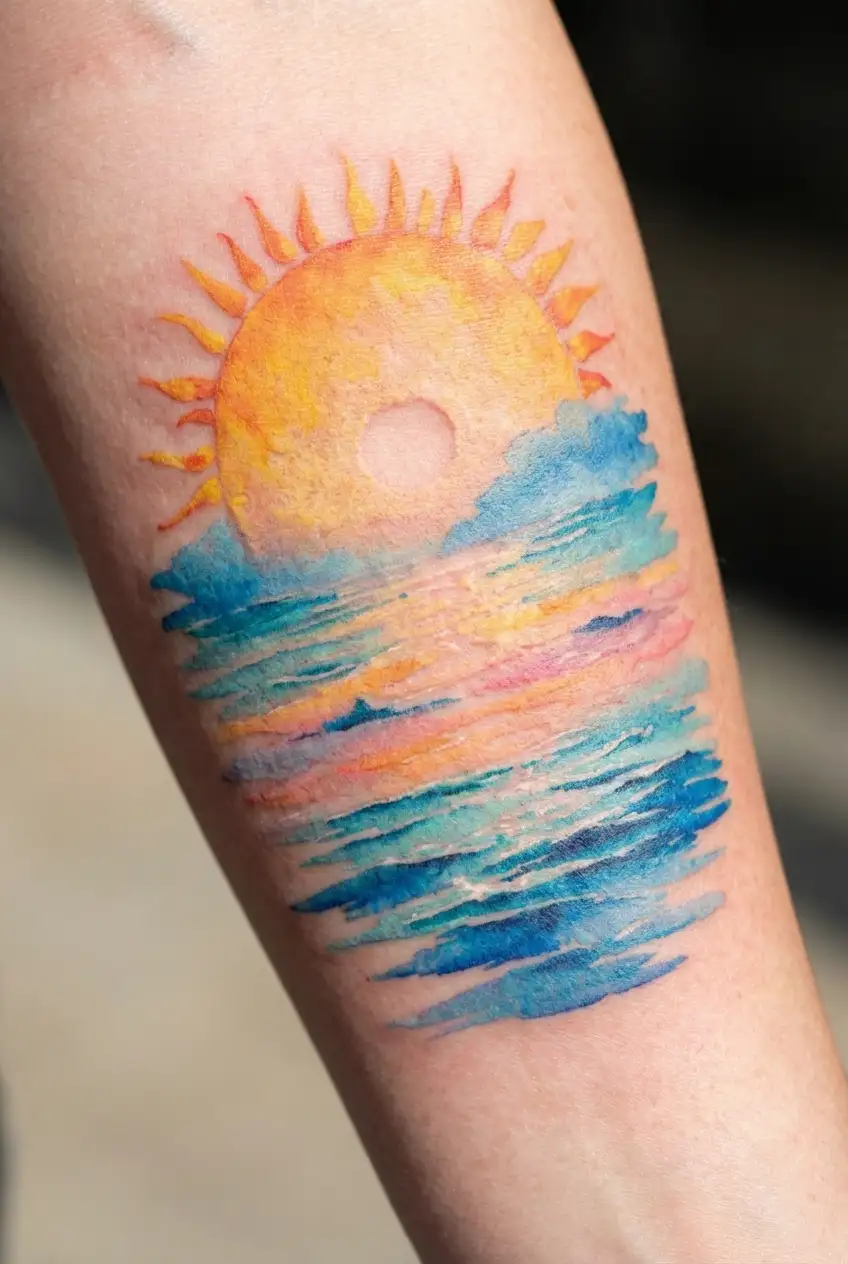 sun,ocean,cross together  tattoo design idea