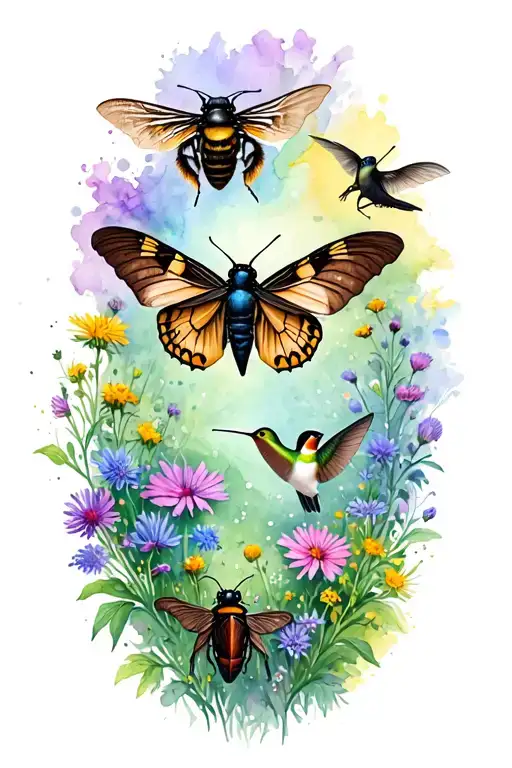  bumblebee,  moth,  butterfly, brown bat, click beetle, & hummingbird over wildflowers  tattoo design idea