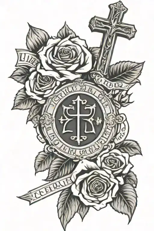 Roses with cross in the center with the name Cruz and Roman numerals for the date June 10 2010 tattoo design idea