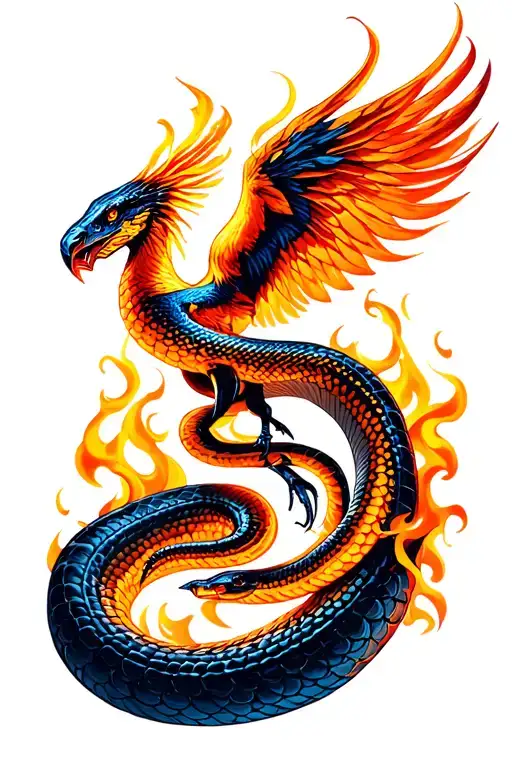 snake slithering and its tail turning into a flaming phoenix tattoo design idea