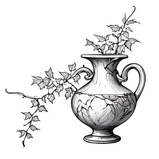 broken vase with ivy plant tattoo design idea