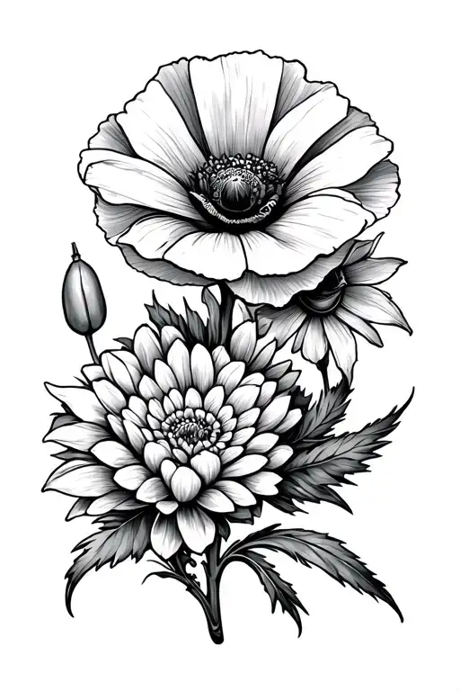 a poppy flower, a chrysanthemum flower, a chili flower and a tulip flower among themselves tattoo design idea