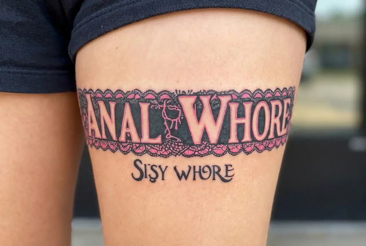 "Anal Whore" "Anal Whore" "sissy" "garter" "lace" "medal" "buckle" tattoo design idea