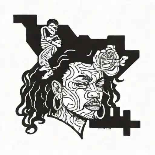 A 90s rap-inspired tattoo featuring iconic album covers and lyrics tattoo design idea