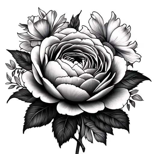 Black And Gray Peony with rose and gladiolus flower tattoo design idea