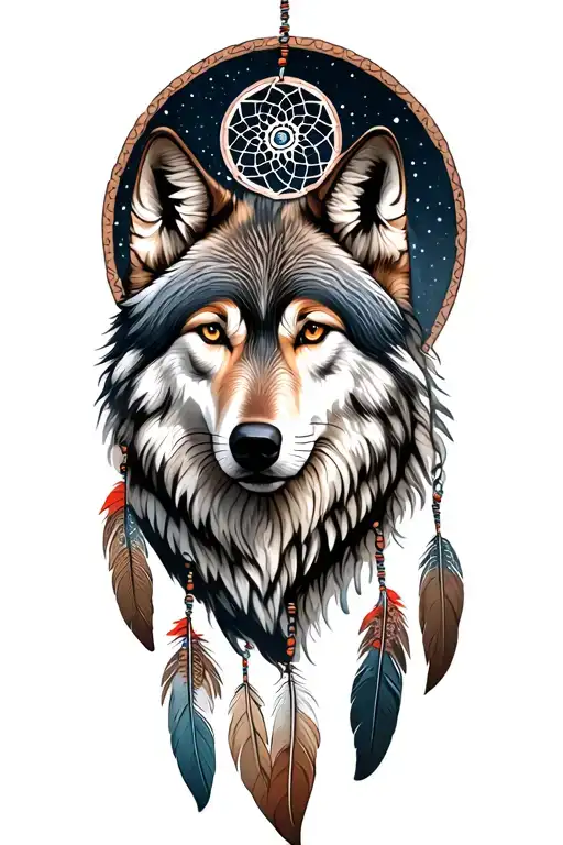 wolf and a dreamcatcher four feathers hanging tattoo design idea