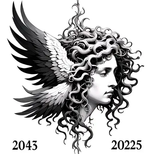 Medusa head, behind there's a phoenix, 2025 in Greek numbers under the picture tattoo design idea