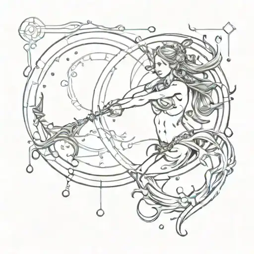  realistic design of simple sagittarius zodiac sign and simple Aquarius zodiac sign combined together with water droppin tattoo design idea