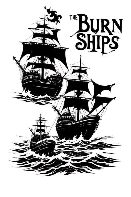 "Burn The Ships" 3 ships on fire sinking  tattoo design idea