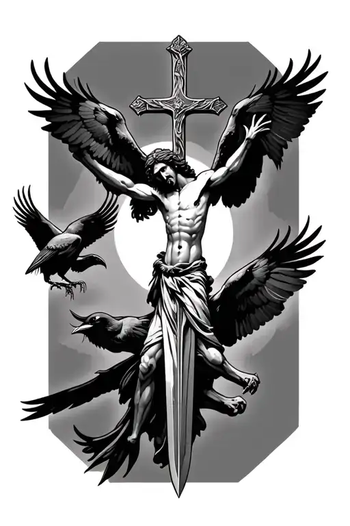jesus on a sword cross, with crows perched and flying with claws no background tattoo design idea