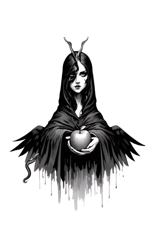 half angel half evil woman face wearing a cloak holding and apple with a snake tattoo design idea